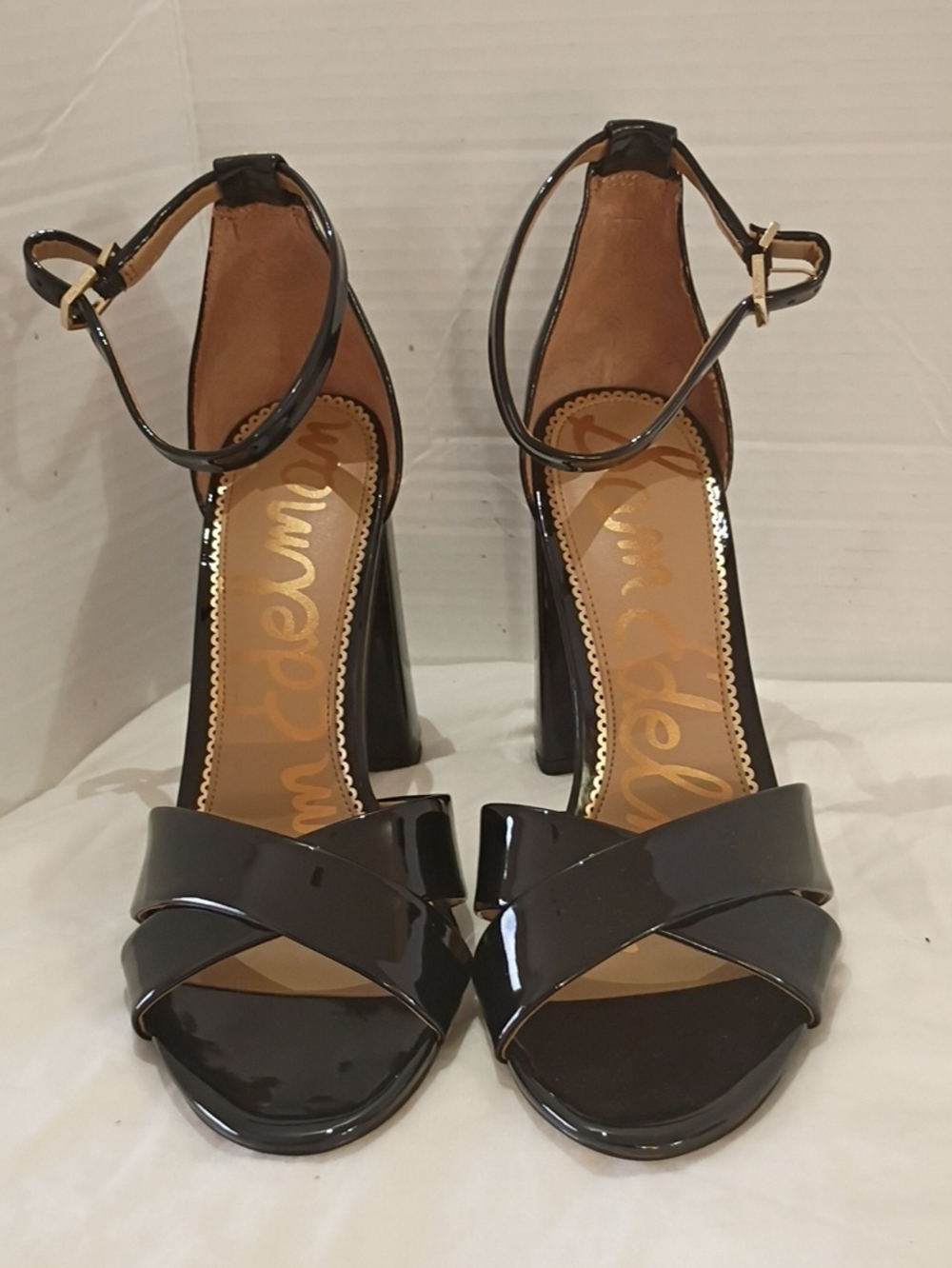 Sam EdelmanPatent Black Ankle-Strap Block Heel Sandals